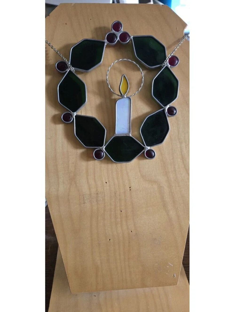Vintage Stained Leaded Glass Christmas Holly Wreath & Candle Suncatcher 7X7